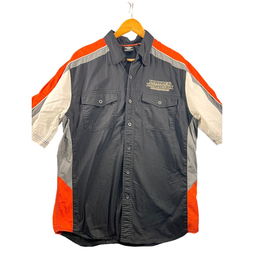 Harley-Davidson Men’s L Black/Orange Colorblock Button-Up Shirt Pockets